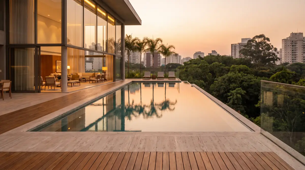 Piscina de borda infinita da cobertura duplex voltada para o parque ao pôr do sol