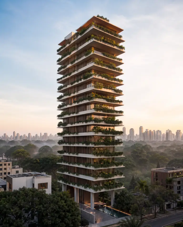 Torre ALVOR ao amanhecer: lajes brancas em balanço com jardins suspensos e lâminas bronze, sobre as copas do Parque Ibirapuera