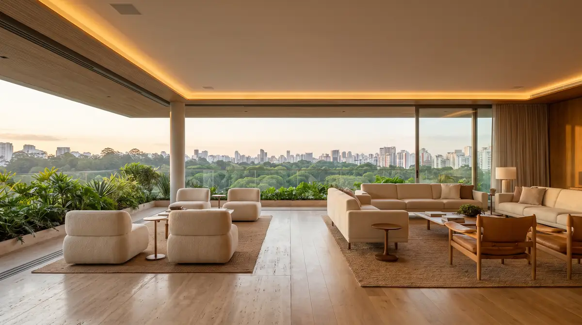 Living com 17 metros de vidro voltado para a copa do Ibirapuera e o skyline