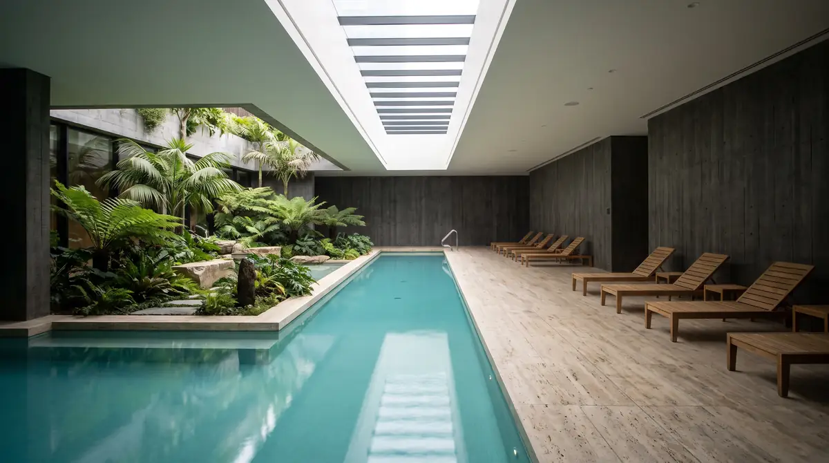 Piscina coberta com raia de 25 metros iluminada por um pátio com vegetação tropical